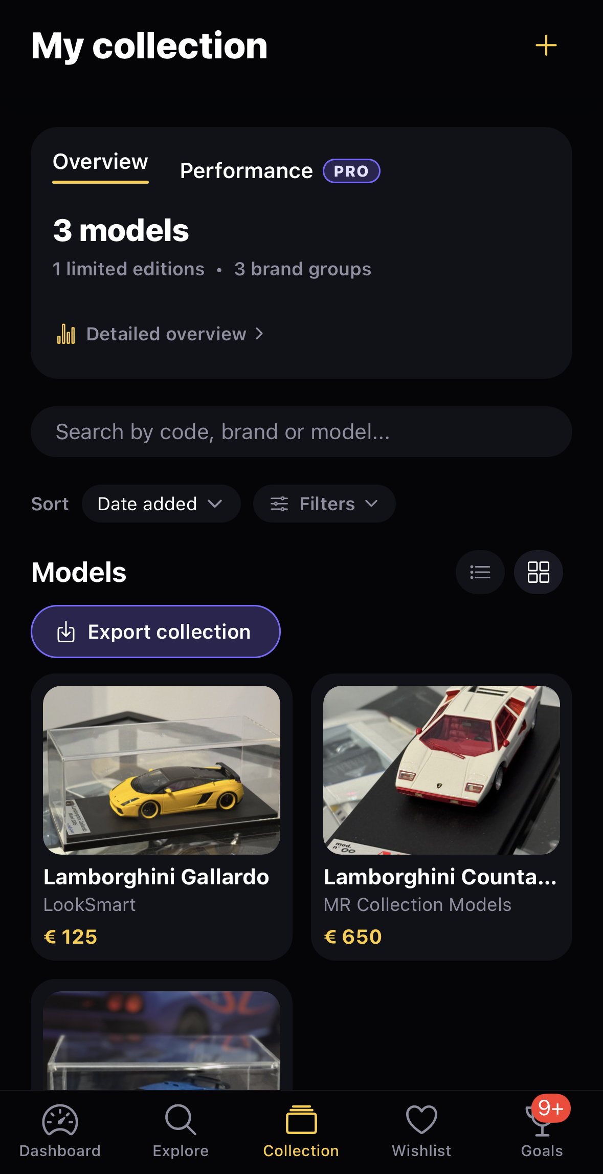 Model car collection dashboard showing highlights and catalog value
