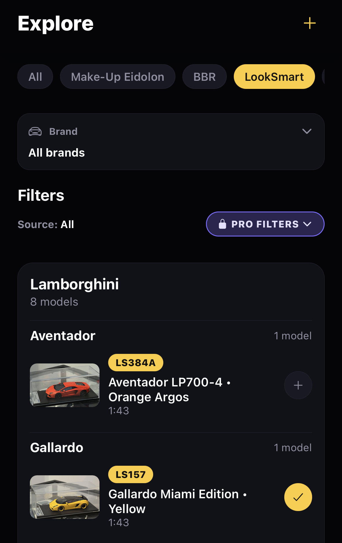 Model car collection filtered by brand, scale, and manufacturer