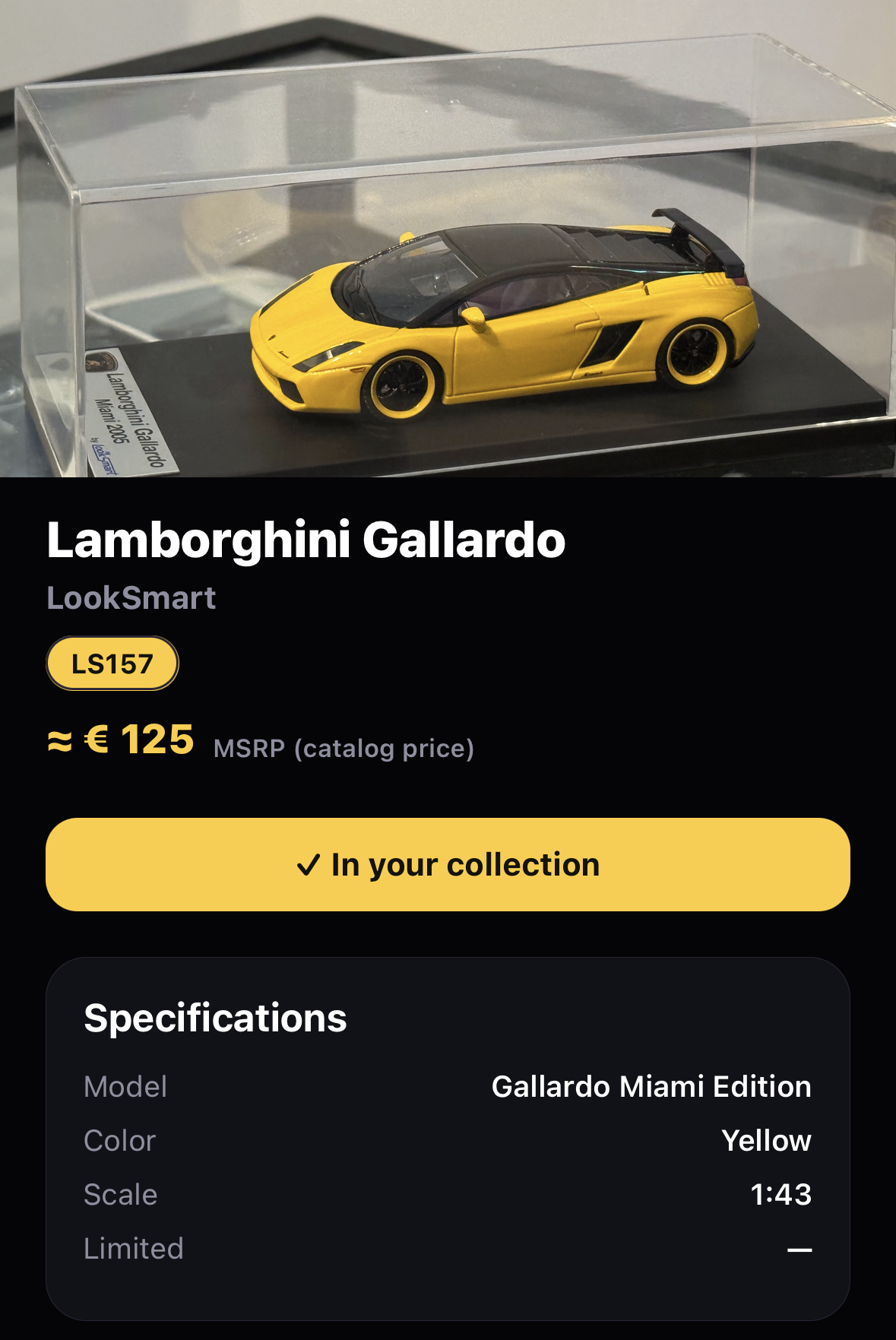 Model car collection filtered by brand, scale, and manufacturer